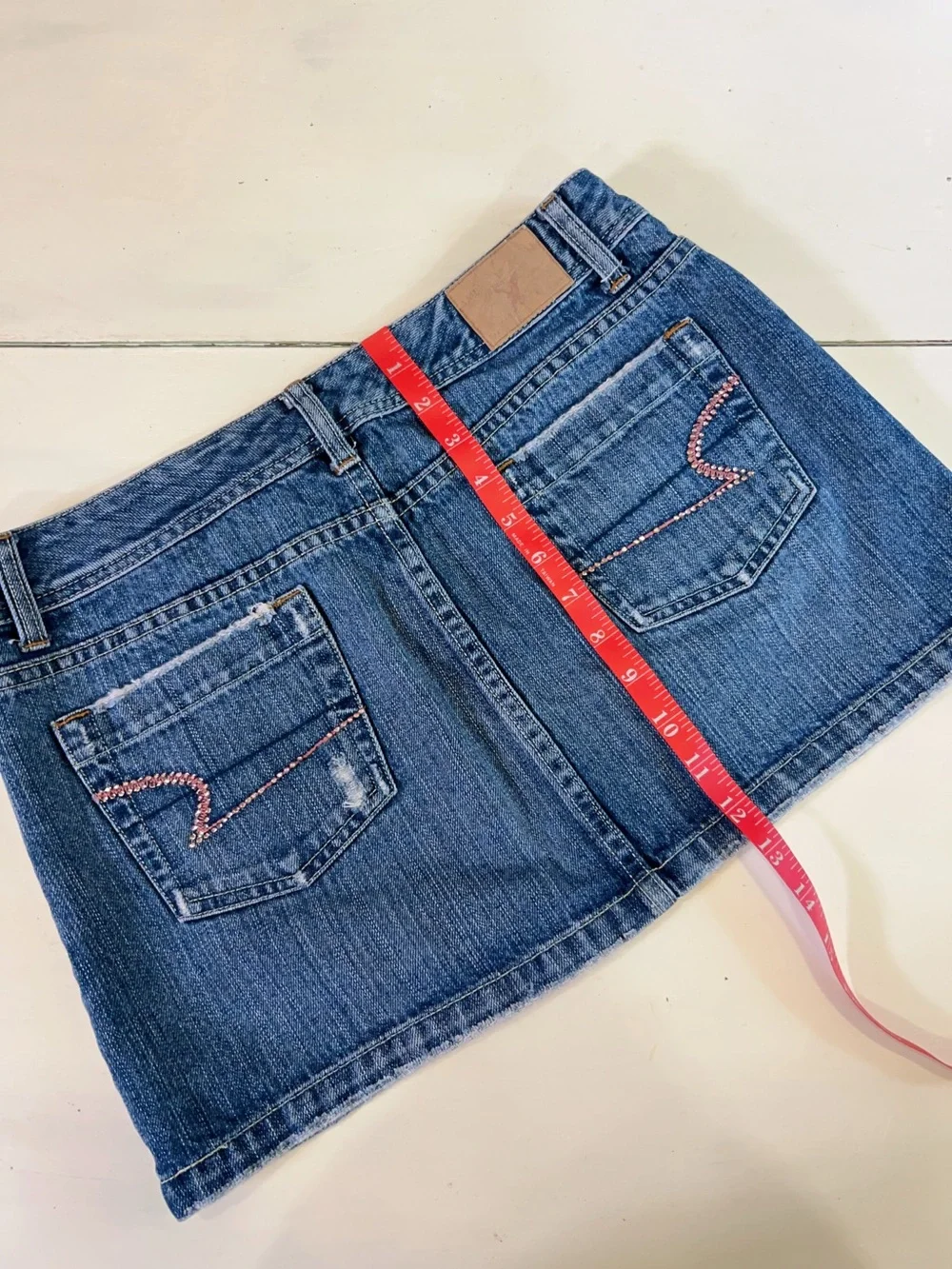 Vintage Y2K American Eagle Faded Denim Super Mini Skirt Low rise Pink Rhinestone - Picture 11 of 12